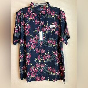 Caribbean Joe Cool Comfort Natural Stretch Navy and Pink Floral Shirt UPF 30 - L